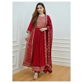 Beautiful Women Red Naira cut Kurta Pant with Dupatta Dress. 